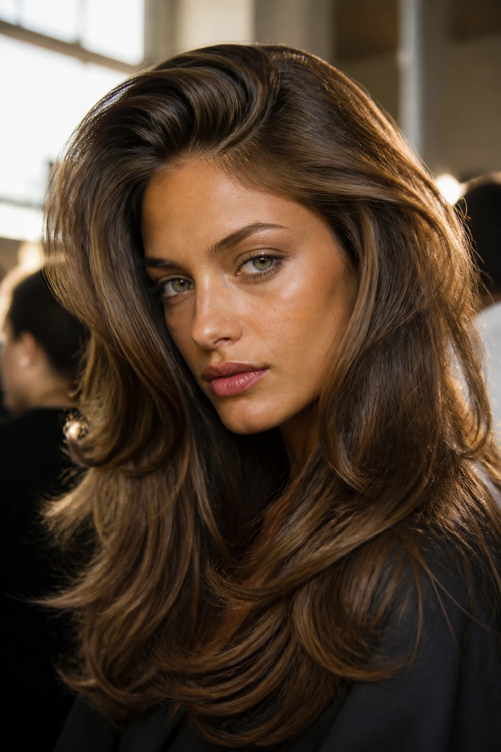 Portrait of a real woman with a 90s supermodel blowout featuring crown lift and face-framing layers.