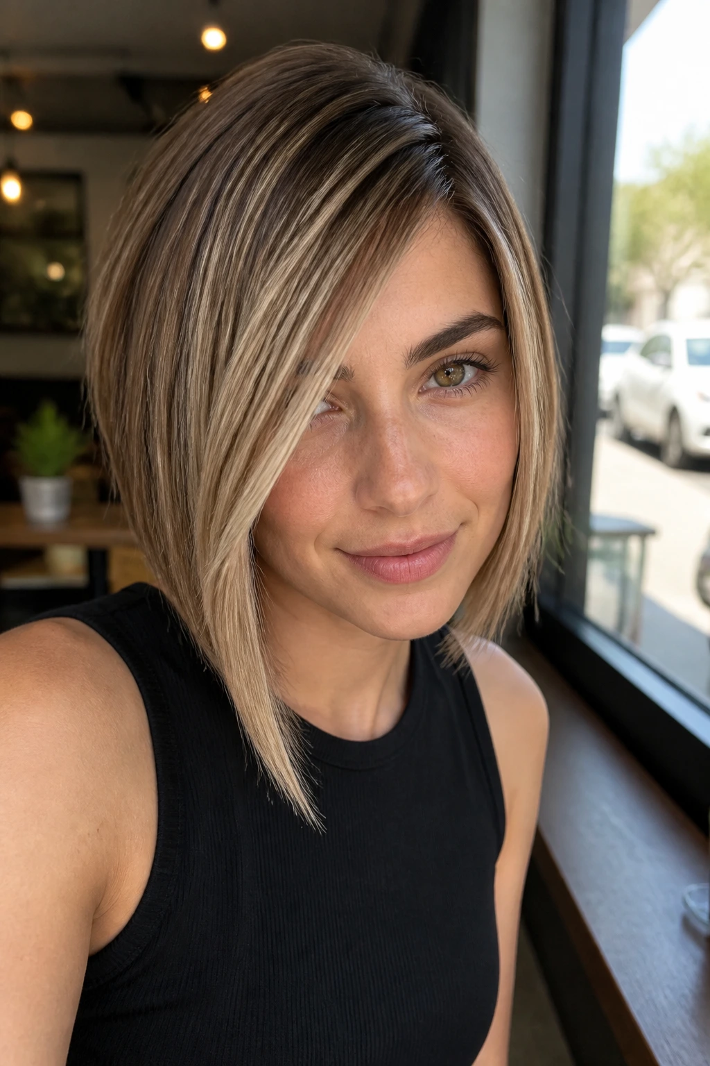 Portrait of a woman with an A-line asymmetrical bob and front highlights.