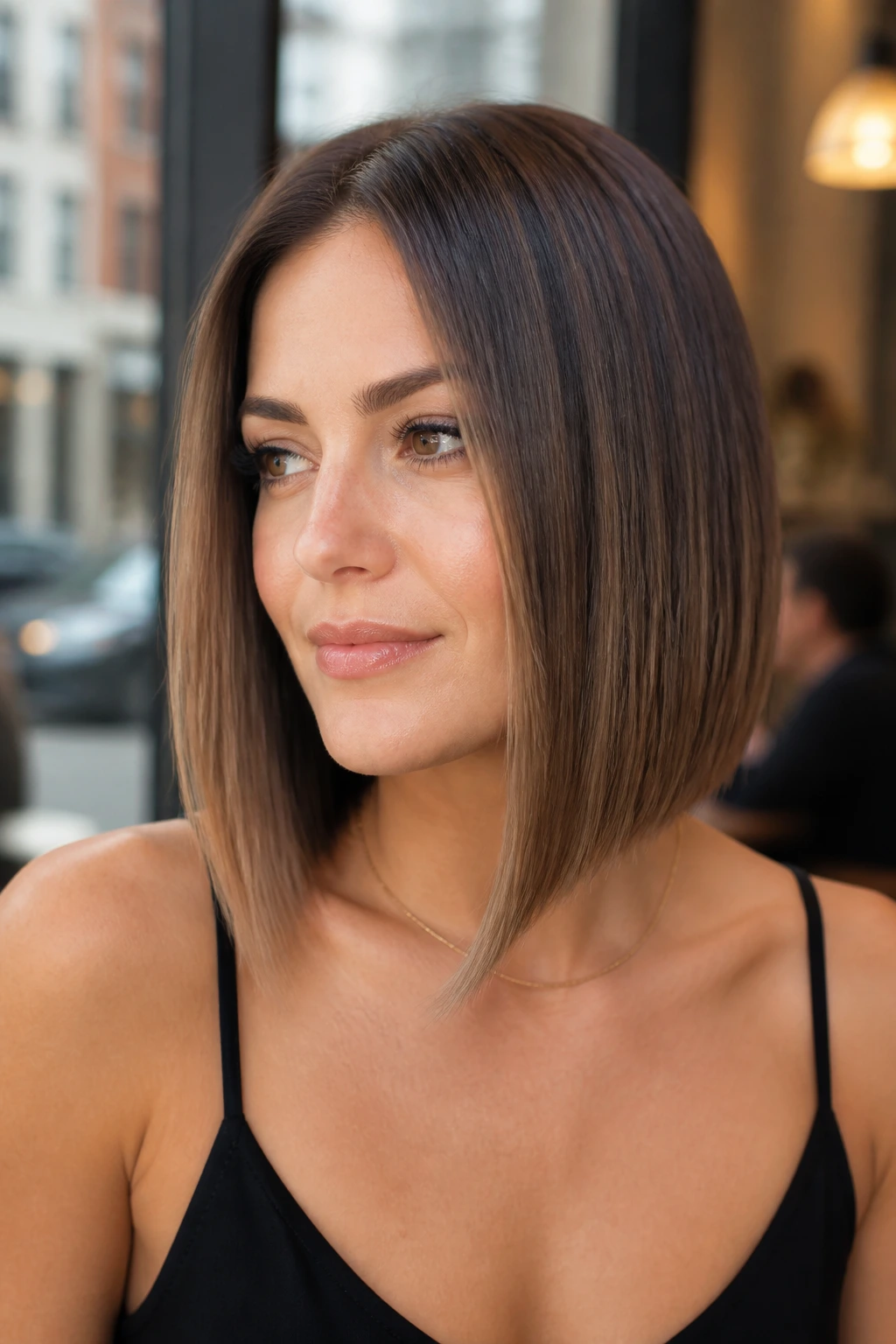 Close-up portrait of a real woman with an A-line blunt bob