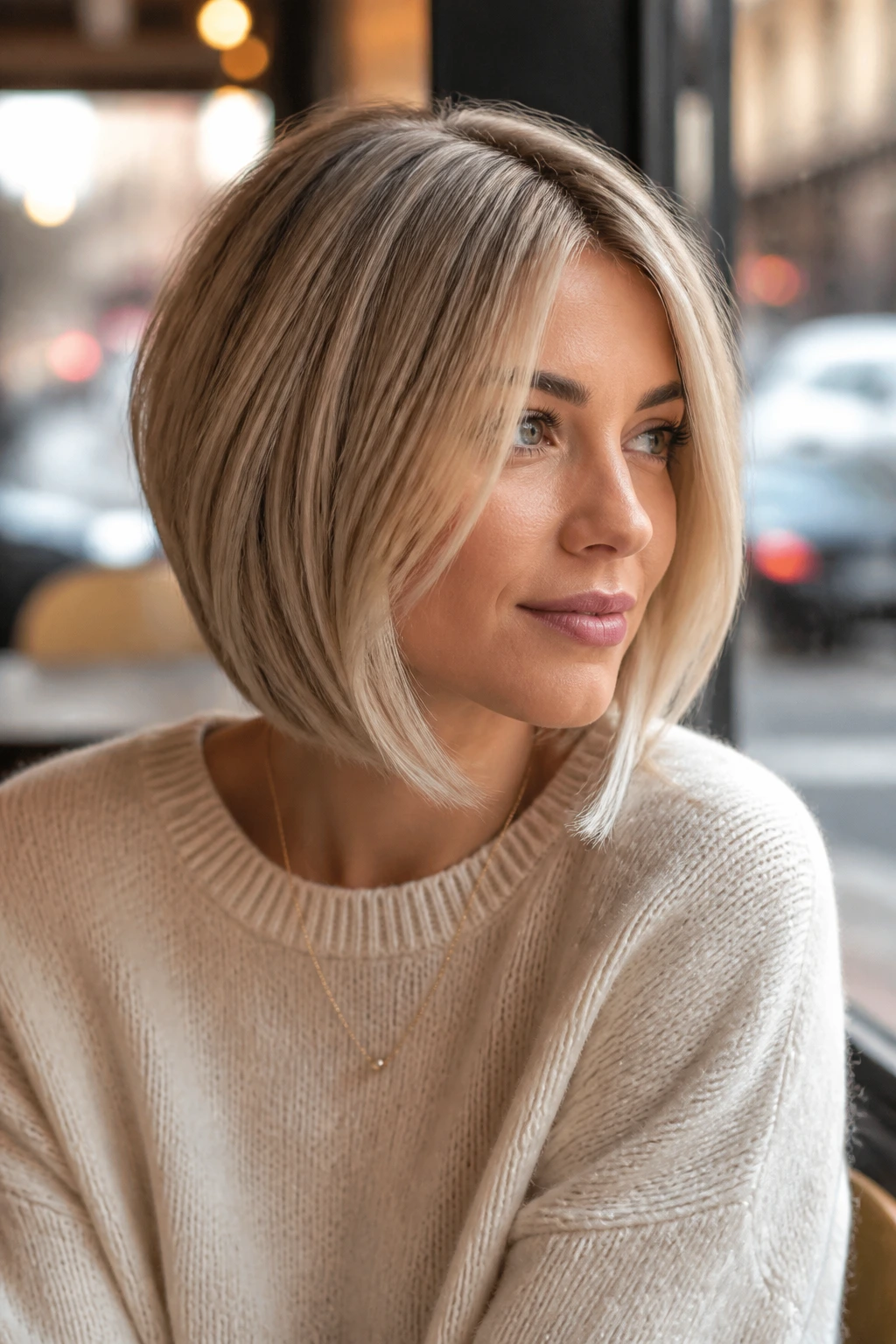 Portrait of a woman with beige A-line bob hair framing the face.