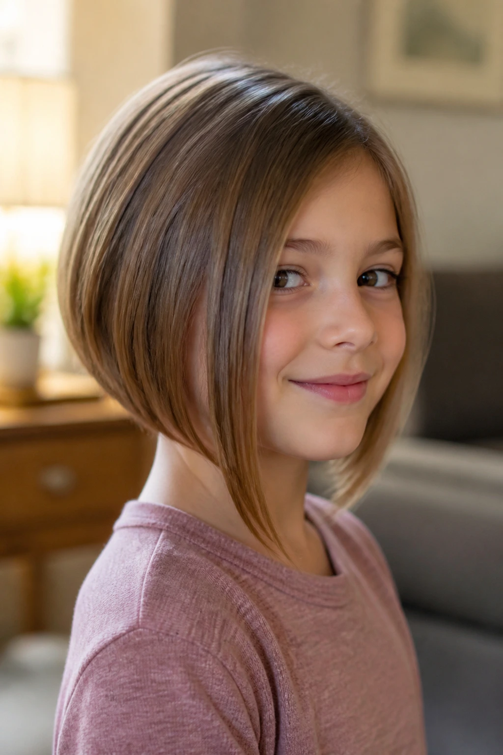 Close-up of a real child with an A-line bob showing face-framing longer front.