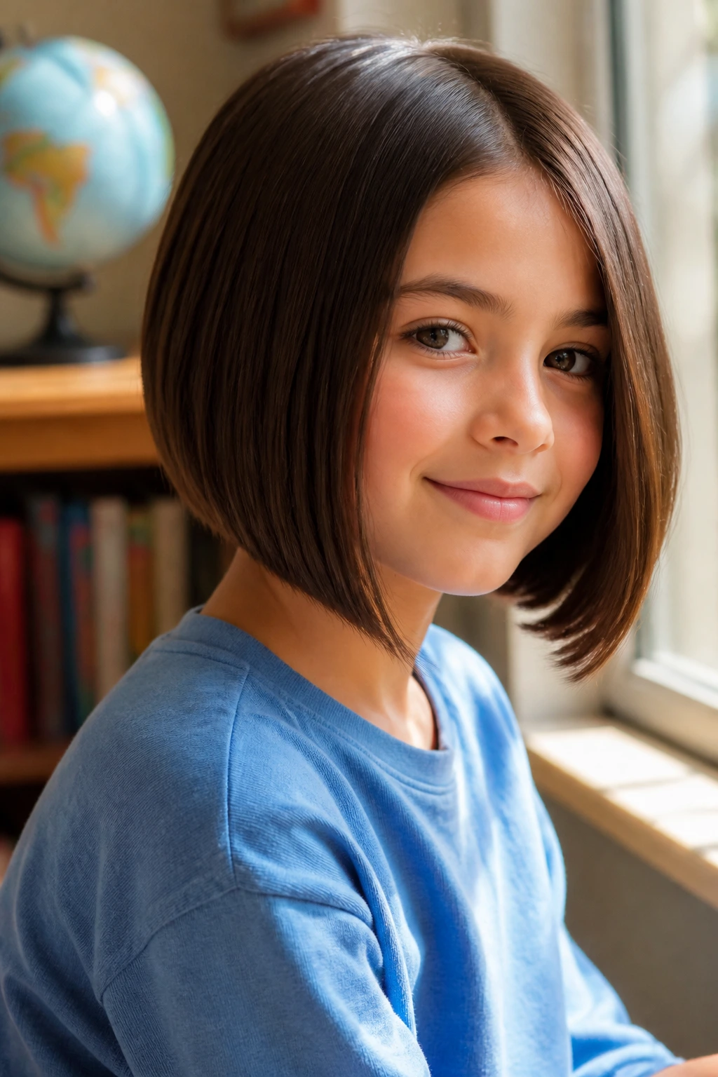 Child with A-line bob close-up portrait.