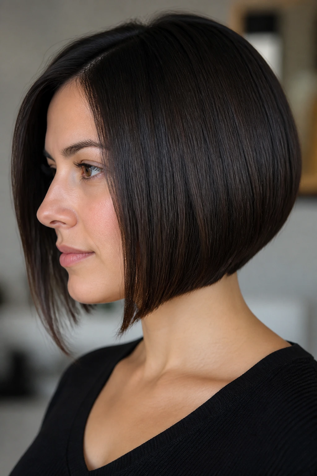 Real woman wearing a sleek A-line bob with back hugged, front grazing the jaw.
