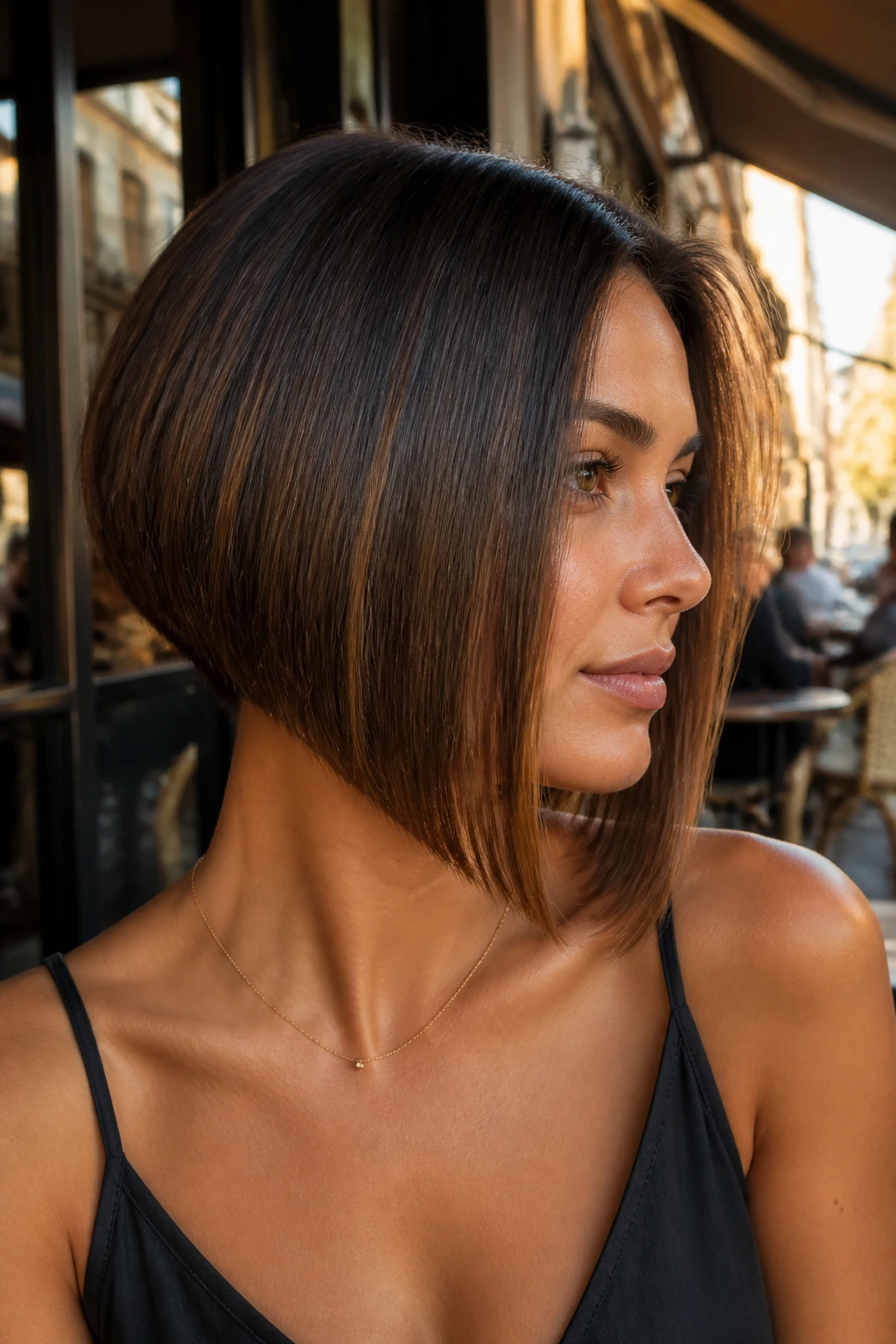 Portrait of a woman with an A-line bob showing back-to-front slope.