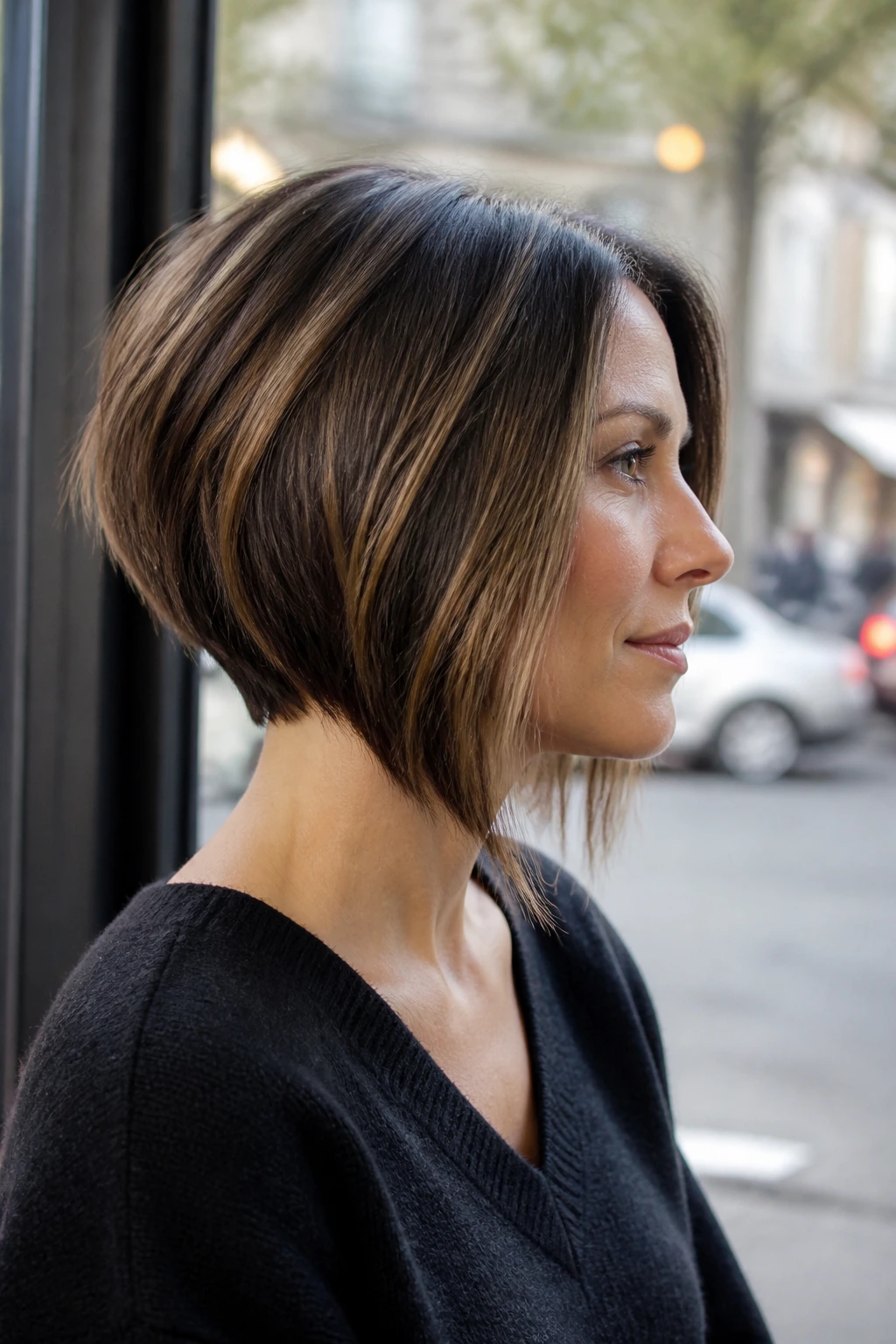 Profile of a woman with an A-line bob stretching the face