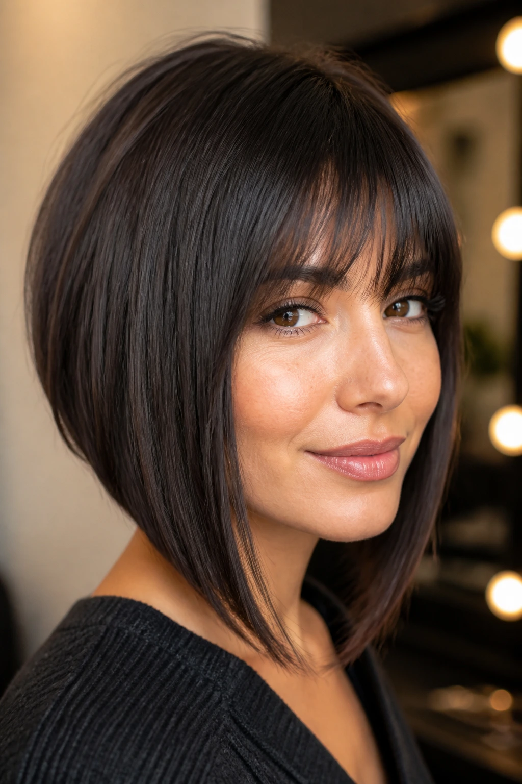 Close-up of a woman with an A-line bob and feathered fringe.