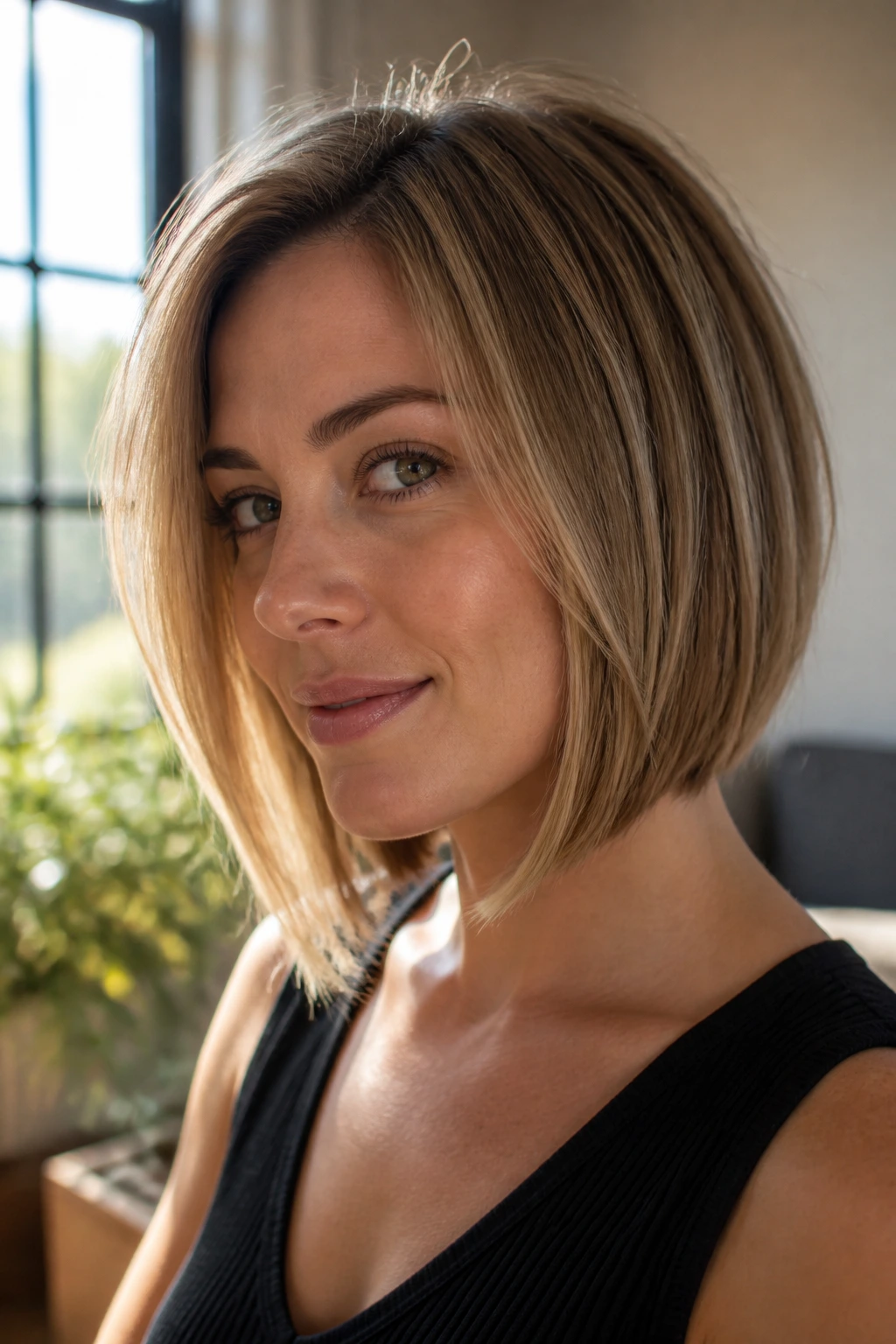 Real woman with an A-line bob and forward angle