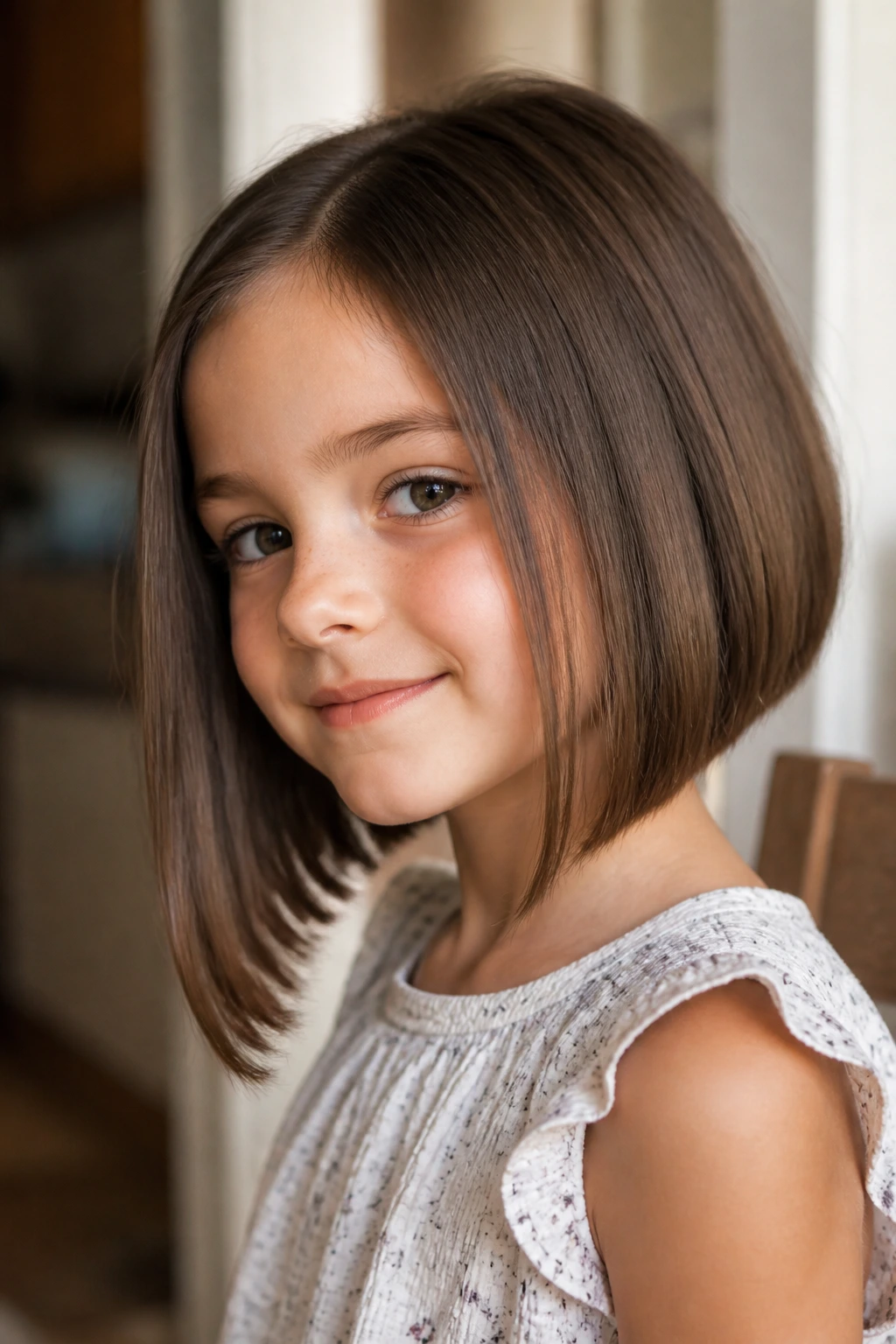 Little girl with an A-line bob tilting forward