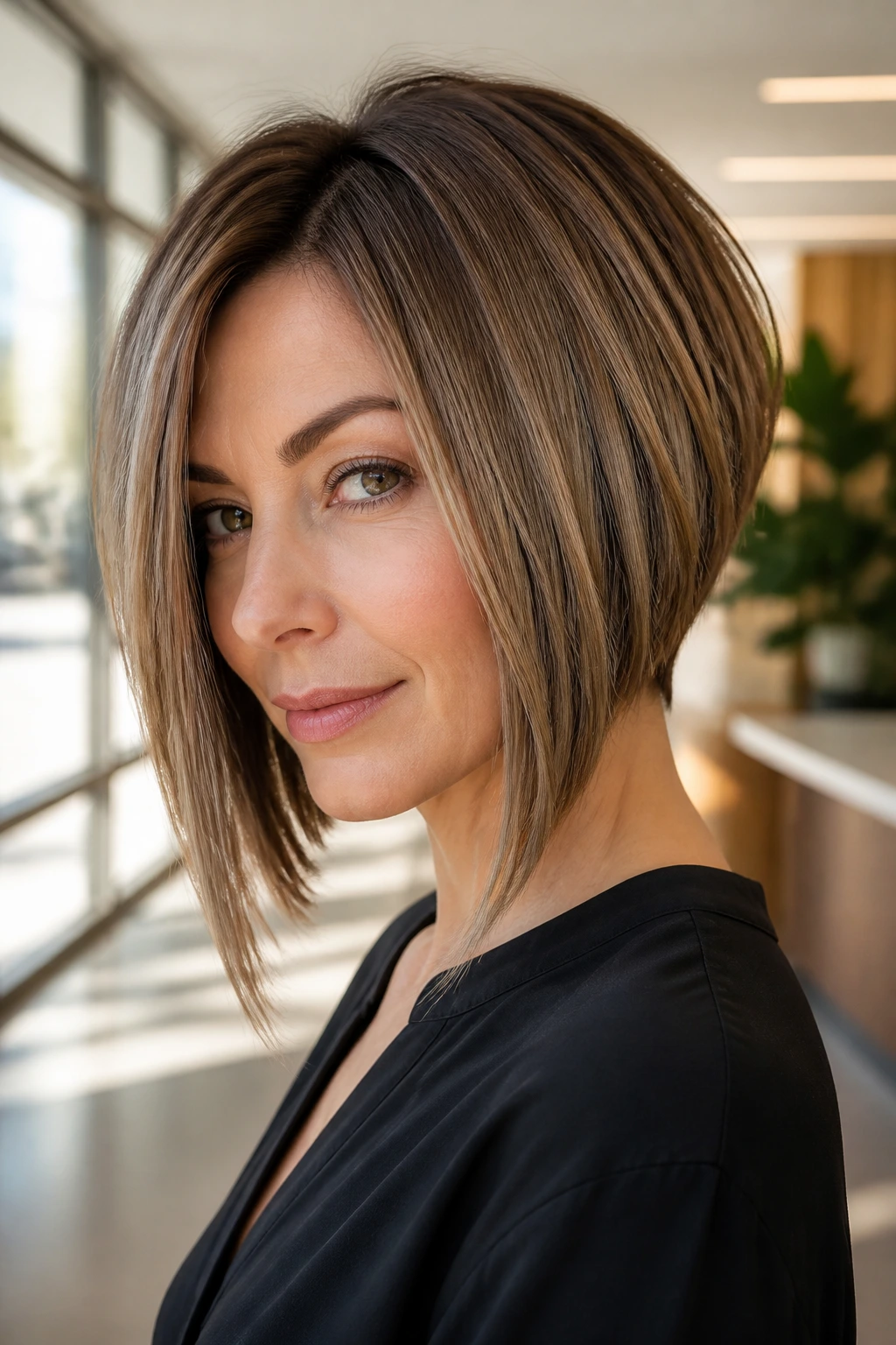 Portrait of a real woman with A-line bob and longer front pieces
