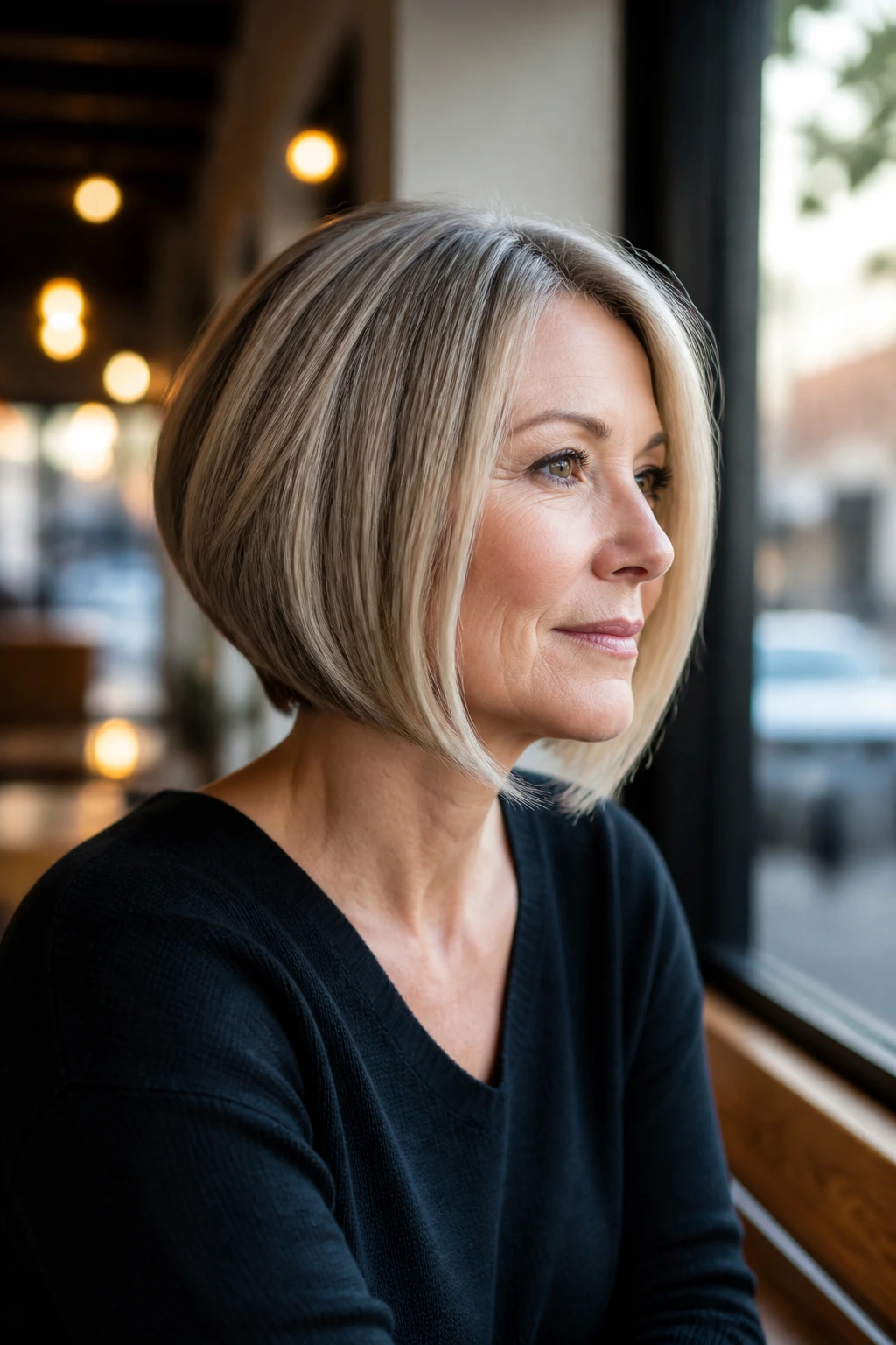 Three-quarter profile of a real woman with an A-Line bob and longer front pieces, jaw-skimming length.