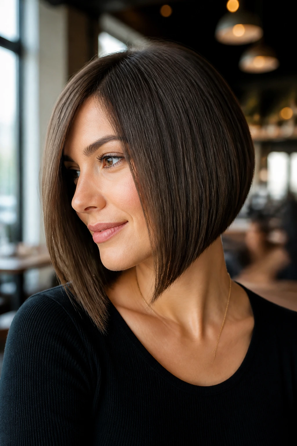 Close-up of A-line bob with front weight on a real person in cafe light.