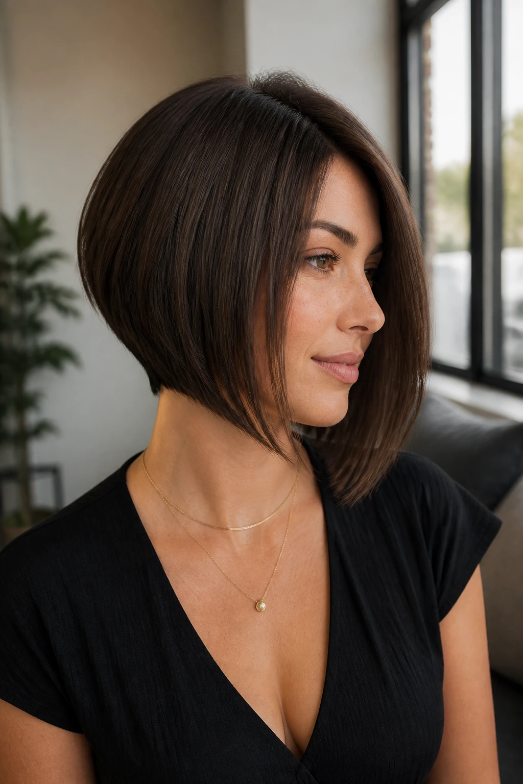 Real person with A-line bob where the front carries weight, back shorter portrait