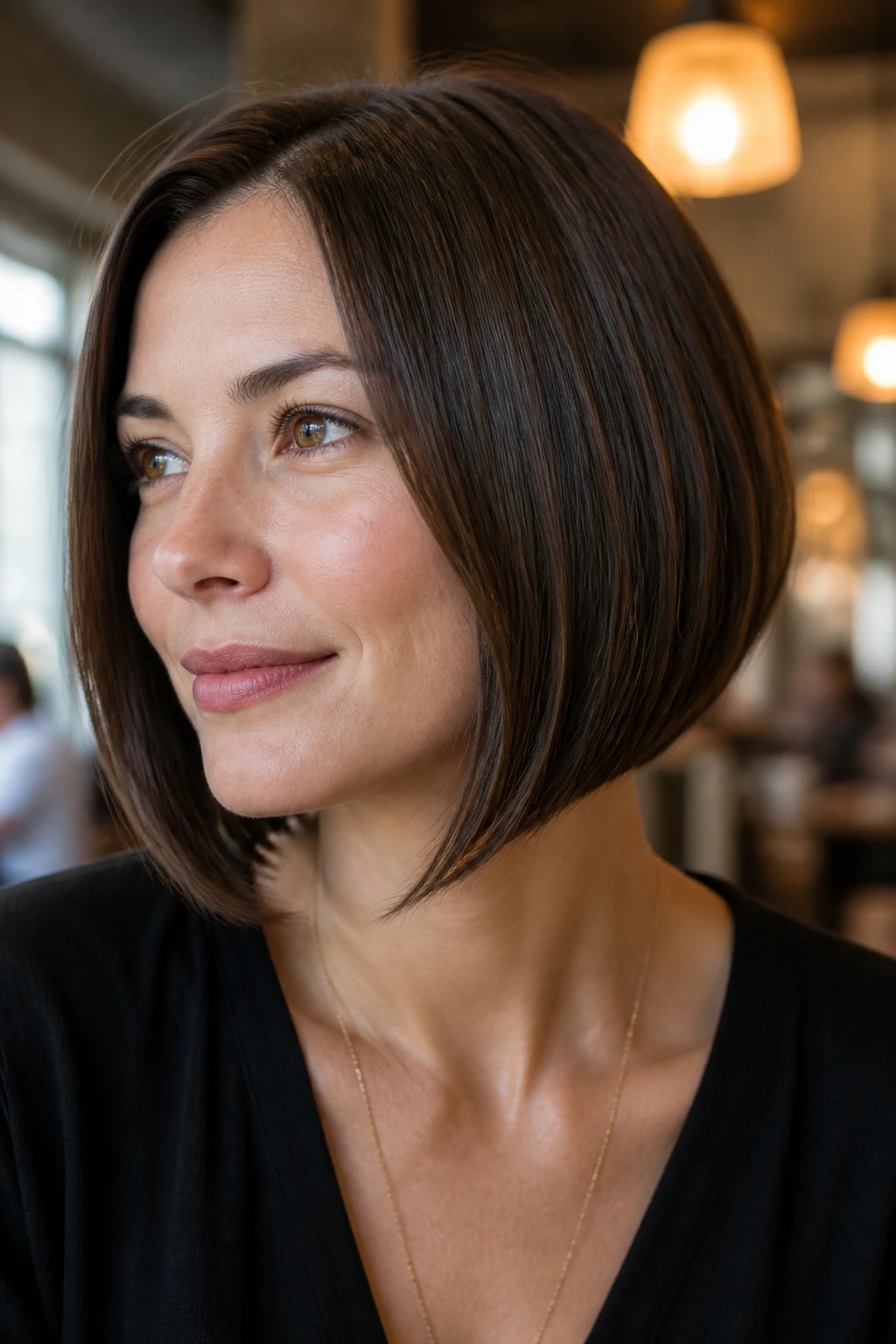 Portrait of a woman with gentle angled A-line bob in cafe light.