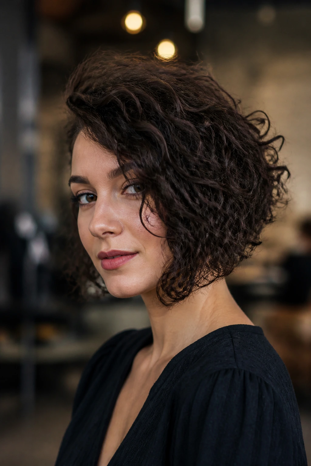 Portrait of a woman with an A-line inverted curly bob
