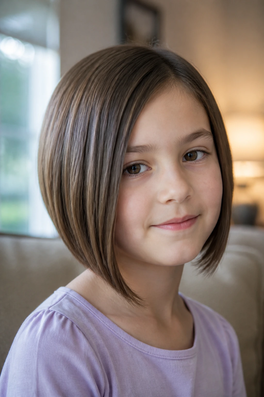 Close-up of a real child with an A-line bob in a cozy living room