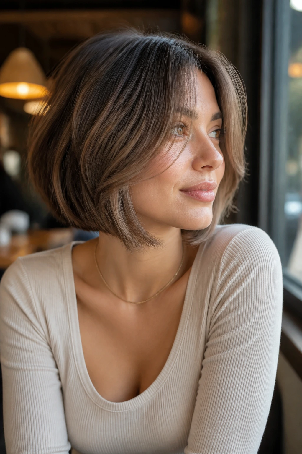 Portrait of a person with an A-line bob and lightweight curtain pieces in a cafe setting