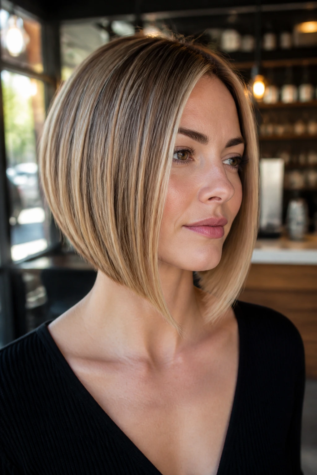 Real woman with A-line bob showing longer front, shorter back