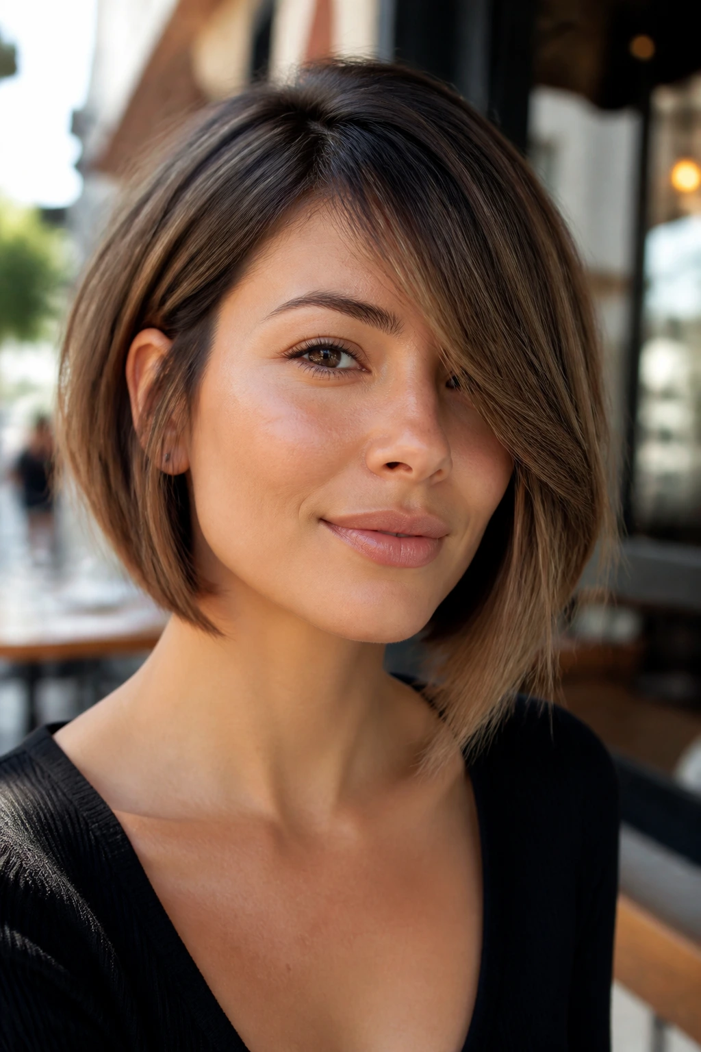 Close-up portrait of a real woman with an A-line bob and long side bangs