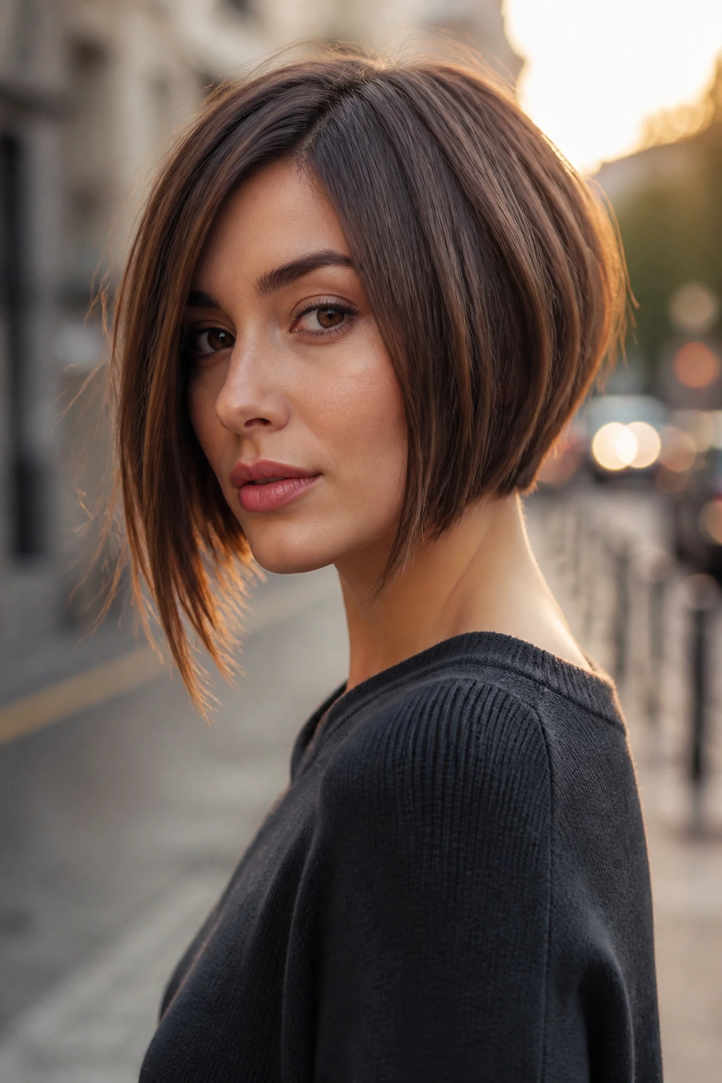 Portrait of a woman with an A-line bob and longer front pieces