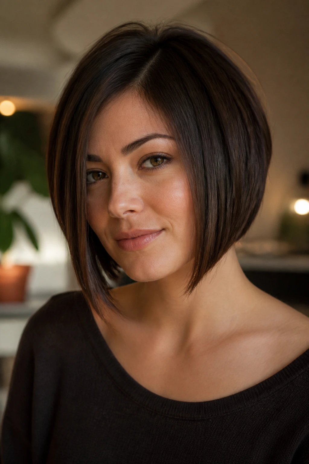 Portrait of a woman with an A-line bob and longer front pieces.