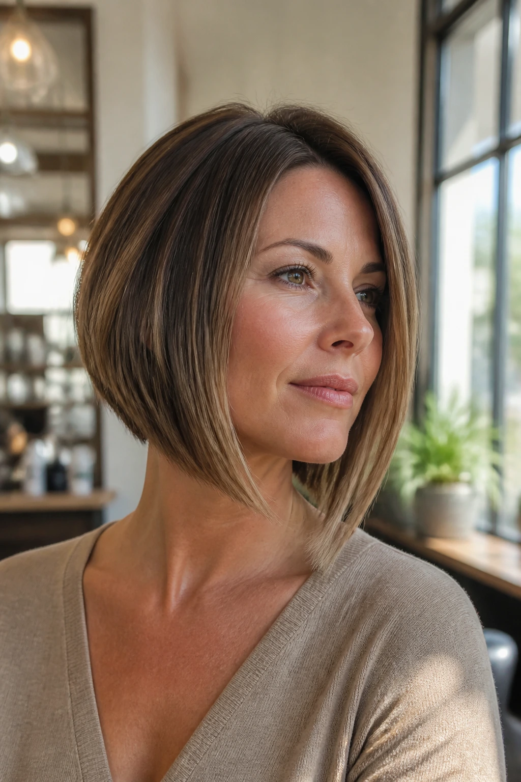 Close-up of a real woman wearing an A-line bob with longer front pieces framing her cheekbones