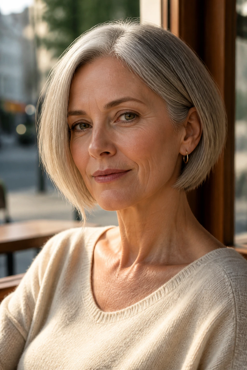 Portrait of a woman with an A-line bob skimming the jaw