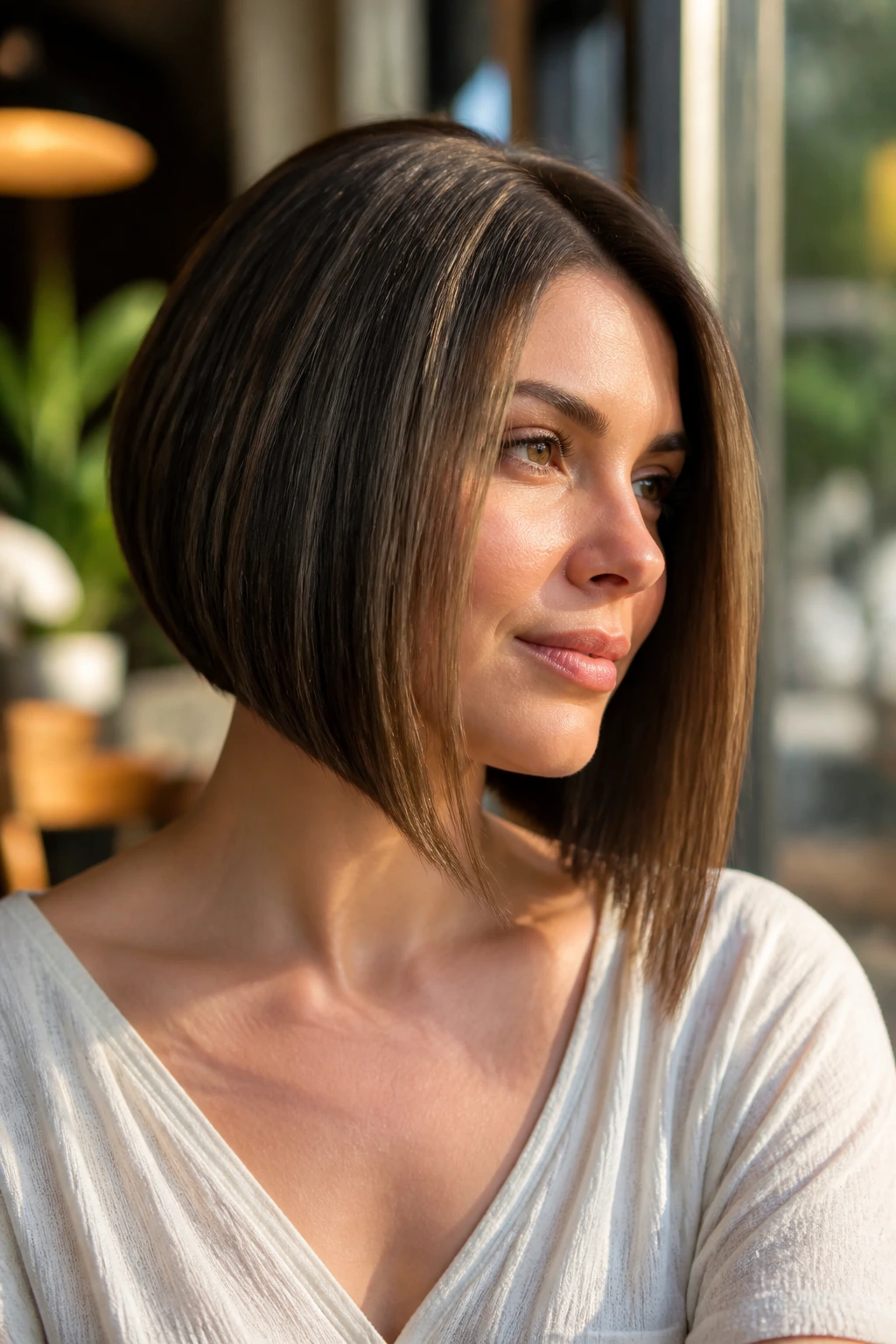 Real woman with an A-line bob in warm cafe window light
