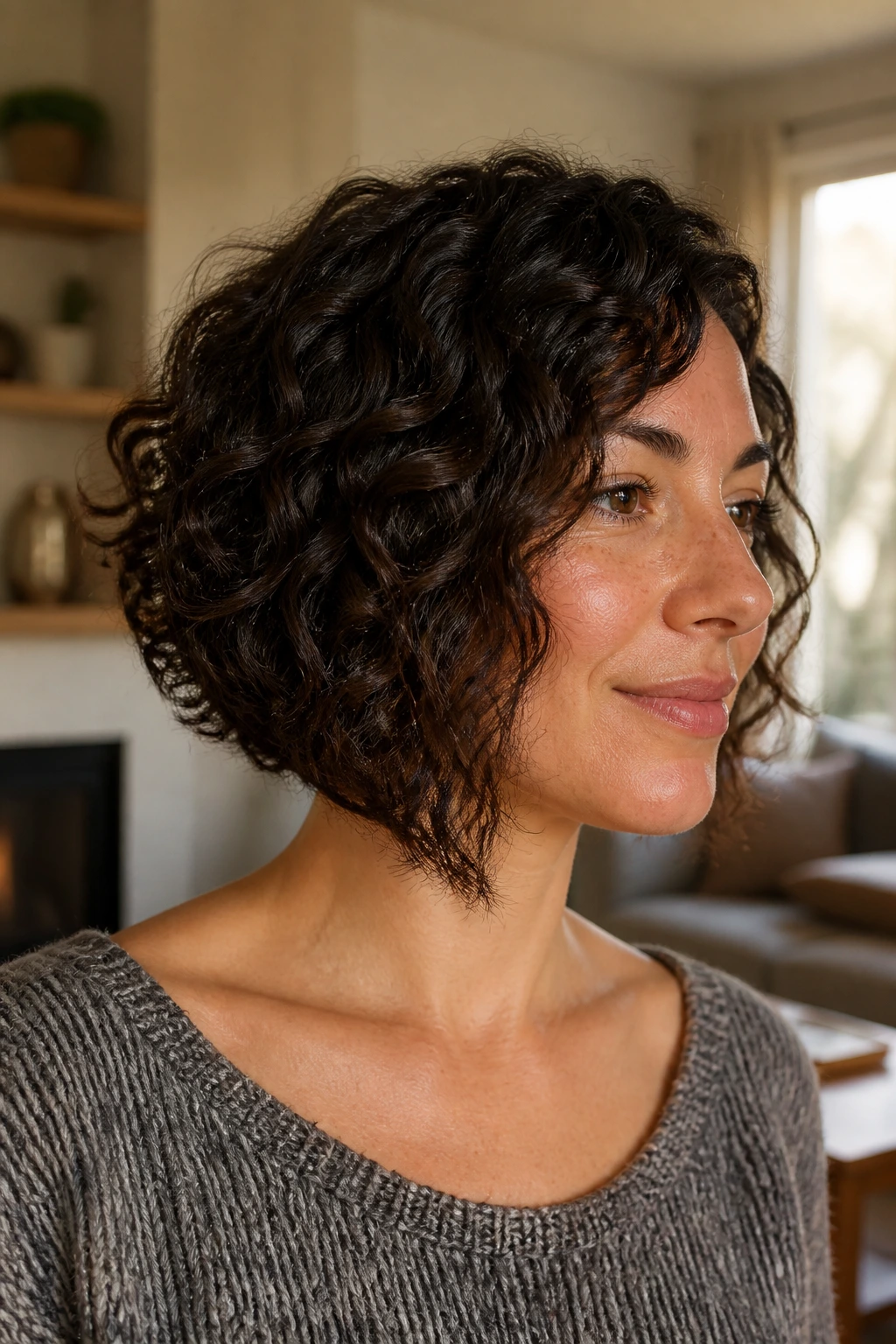 Portrait of a real woman with A-line curly bob showing chin-length front and shorter back.