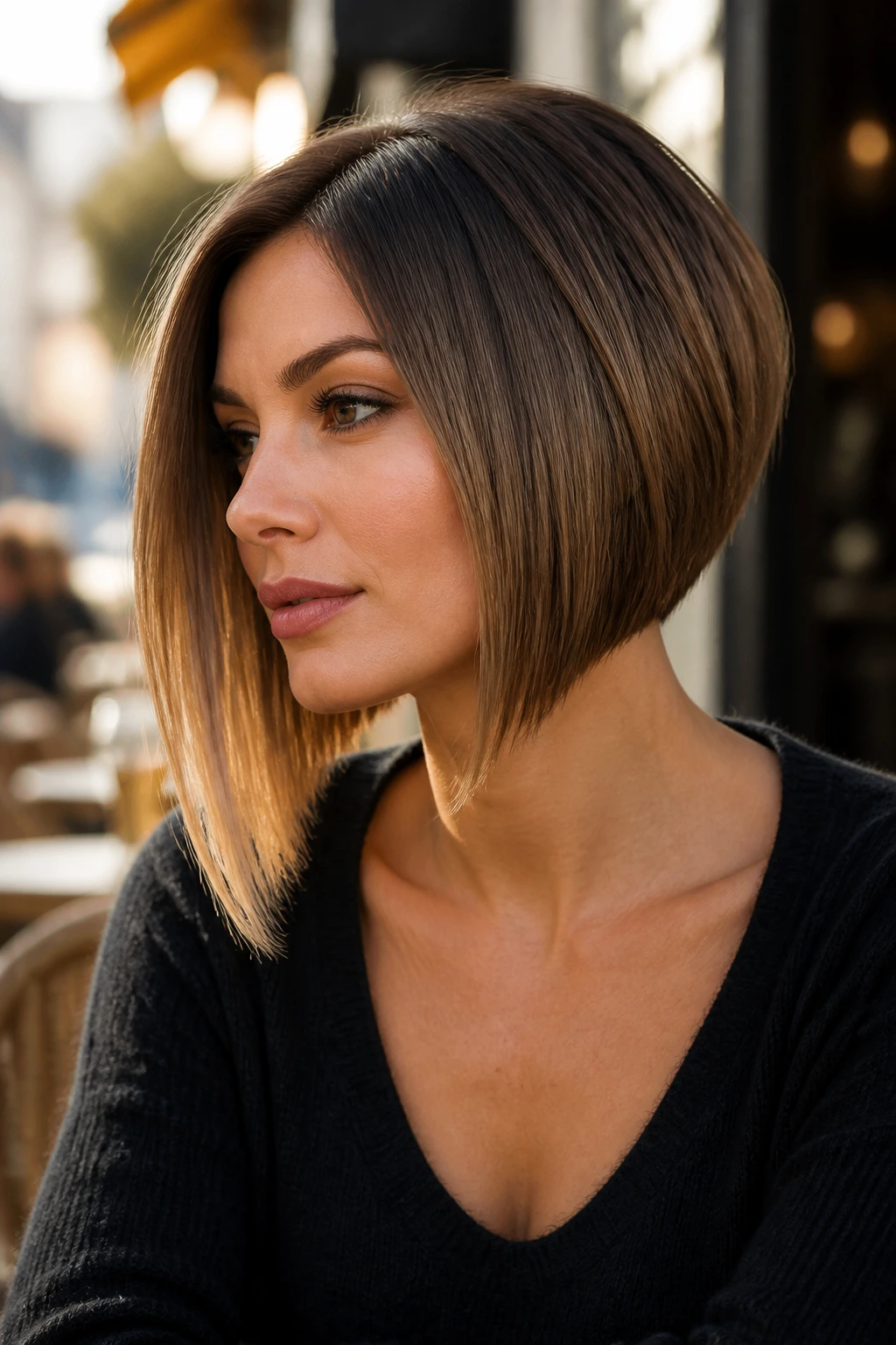 Close-up portrait of a woman with an angled A-line bob