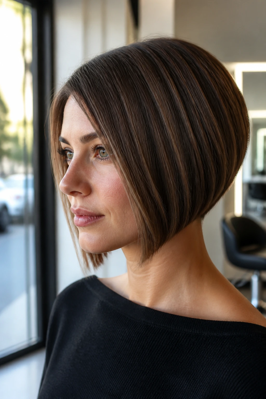 Close-up portrait of a real woman wearing an A-Line Bob with forward-swept length.