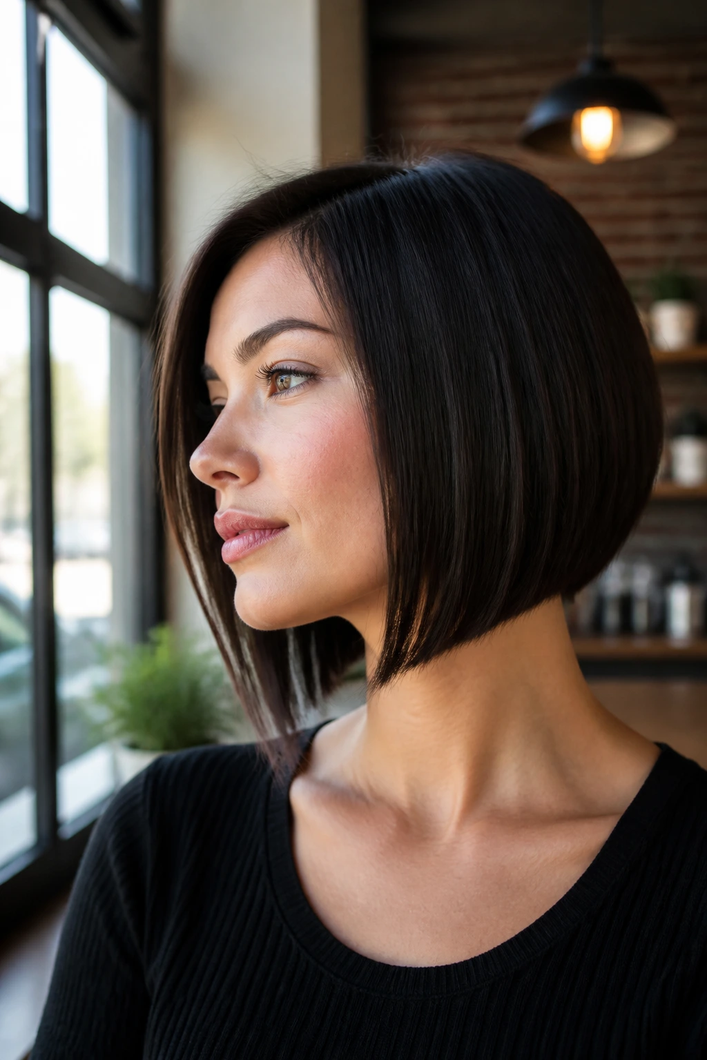 Real woman with sleek A-line bob showing back and front angles