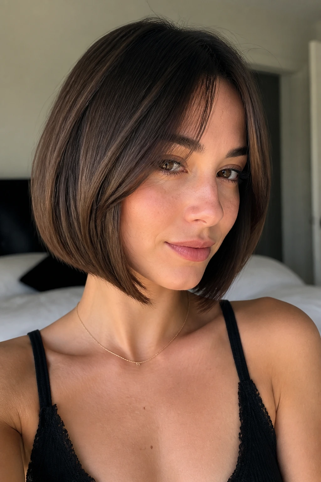 Portrait of a woman with A-line bob and soft split bangs in natural light