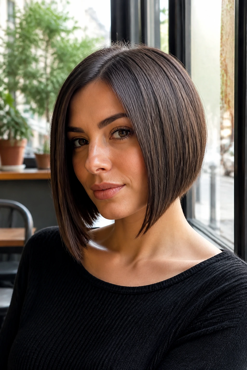 Close-up portrait of a real woman with a straight A-line bob in sunlight