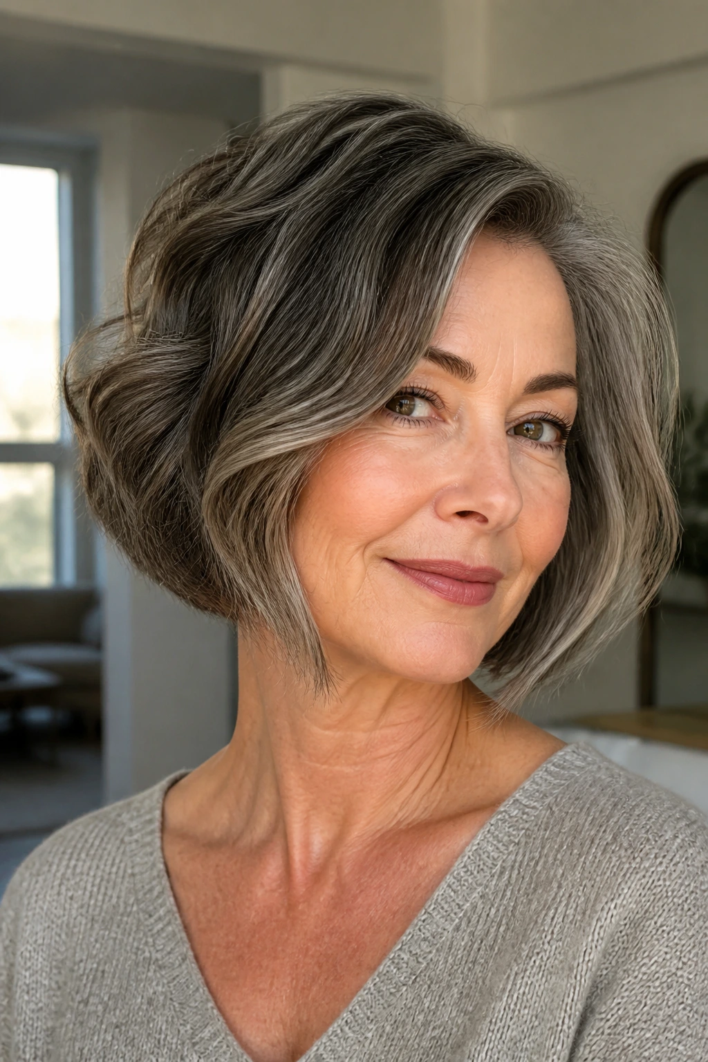 Close-up portrait of a real woman with an A-line bob and soft taper
