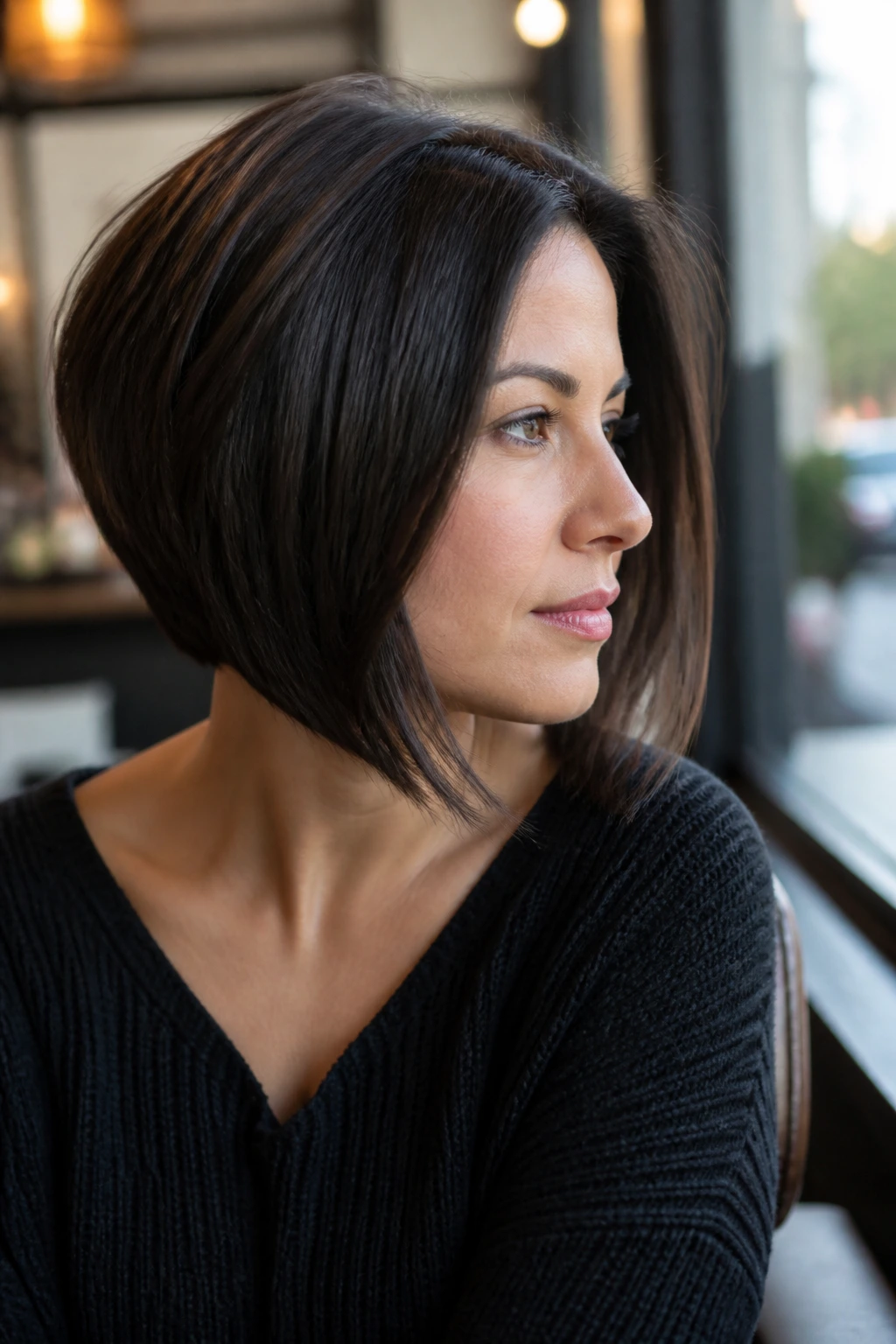 Medium close-up of a real woman wearing an A-line bob.