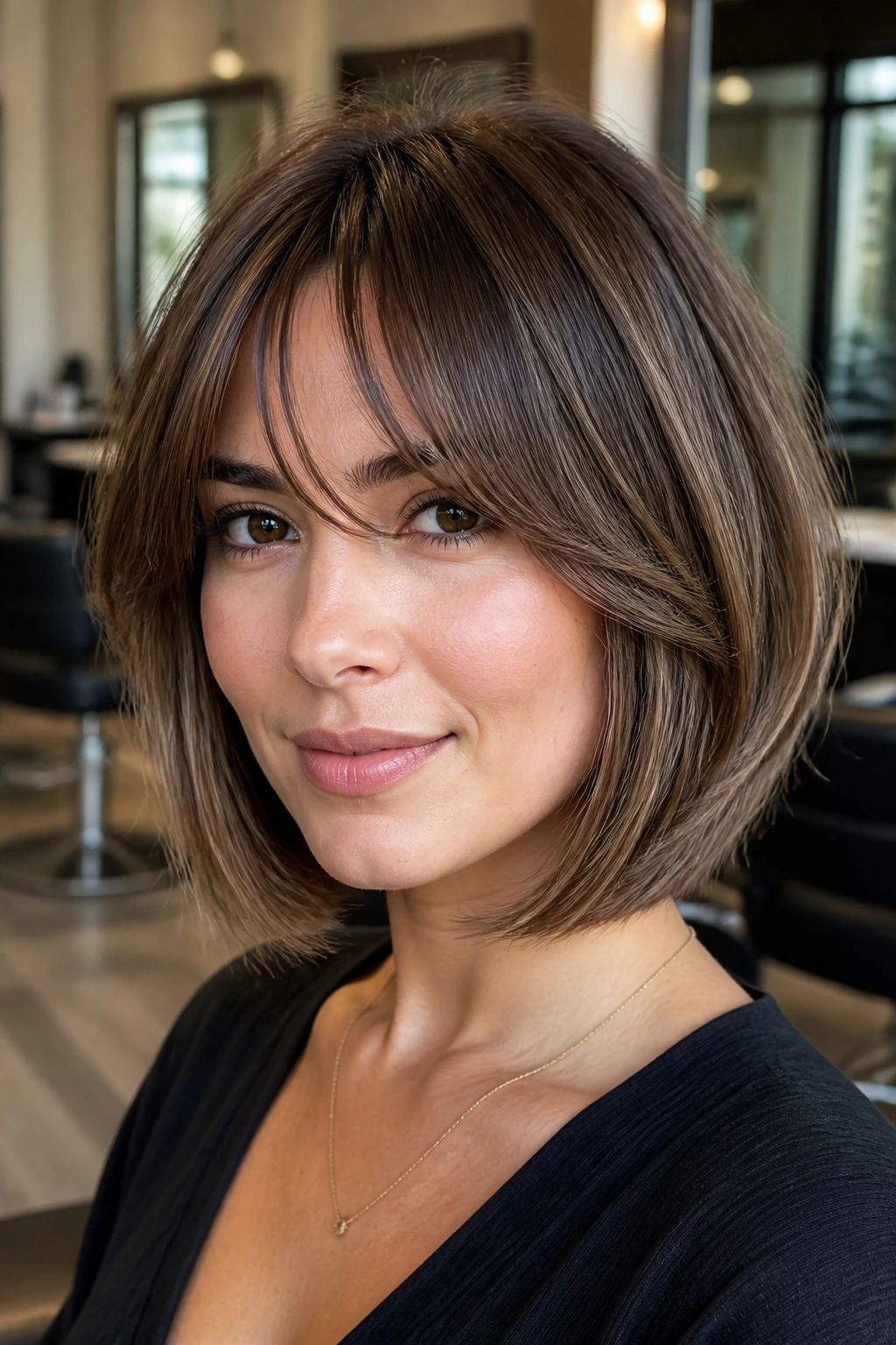 Close-up of a real woman with A-line butterfly bob and face-frame bangs