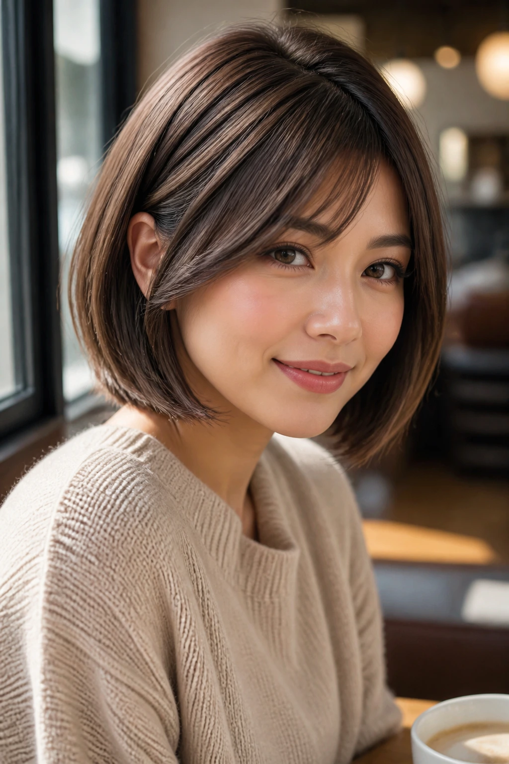 Real woman with chin-skimming A-line bob and side bangs