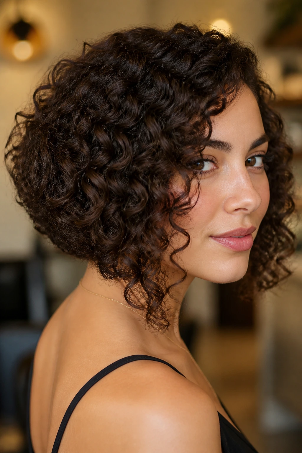 Three-quarter view of a real woman with A-line curly bob