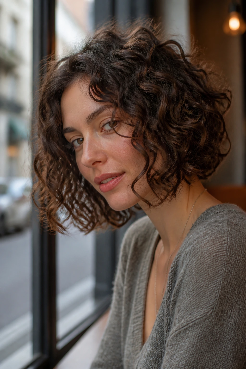 Portrait of a real woman with A-Line Curly Bob showing front length and angle.