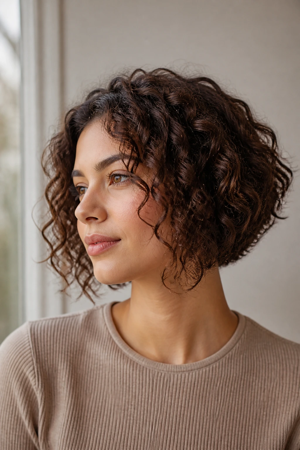 Medium close-up portrait of a real woman with an A-line curly bob