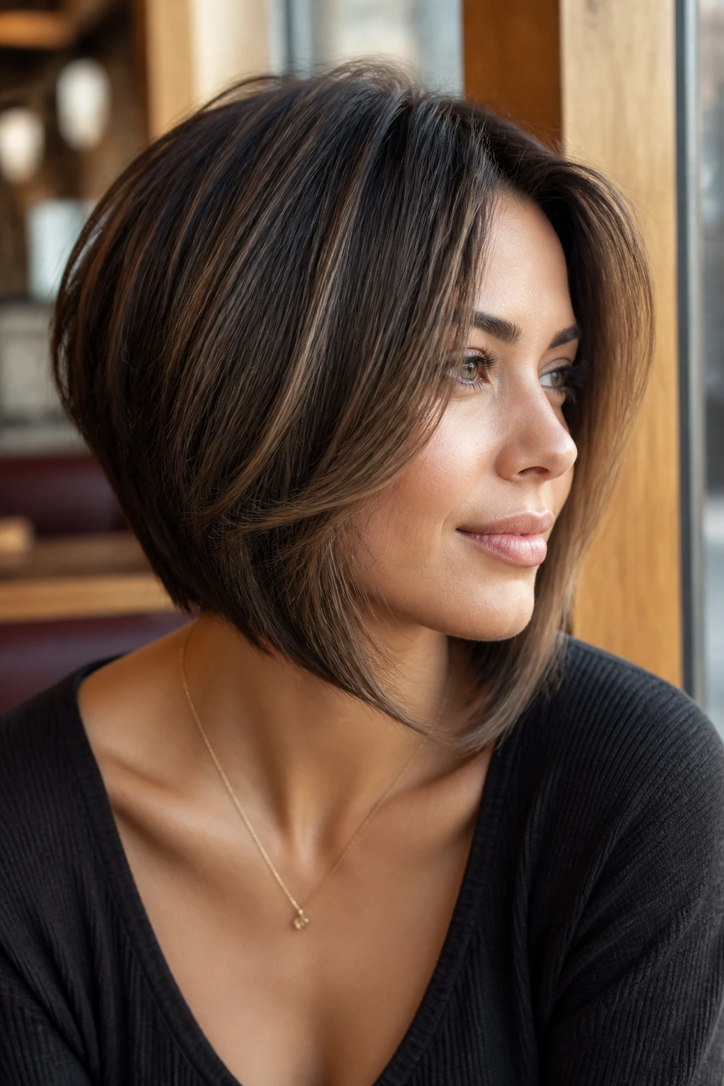 Close-up of a real woman with A-line feathered bob and swingy front
