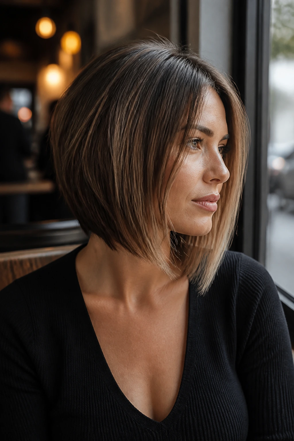 Real woman with an A-line layered bob in cafe daylight