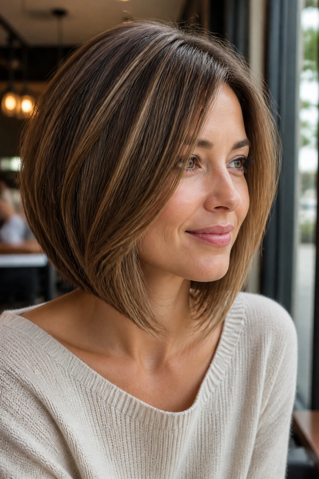 Portrait of a woman with an A-line layered bob showing longer front pieces