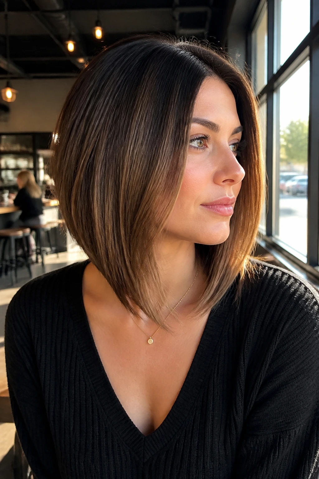 Close-up of a real woman with an angled A-line lob showing back shorter and front longer