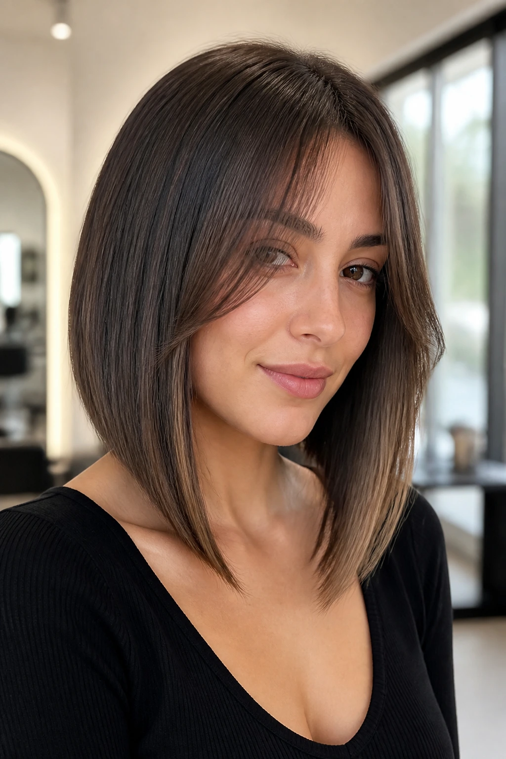 Close-up of a real woman with an A-line lob and longer front pieces, curtain bangs blending in
