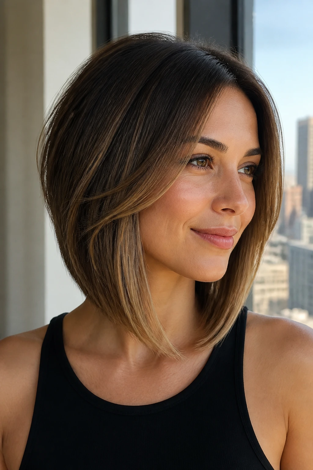 Real woman with A-line lob featuring a gentle angle and crown lift
