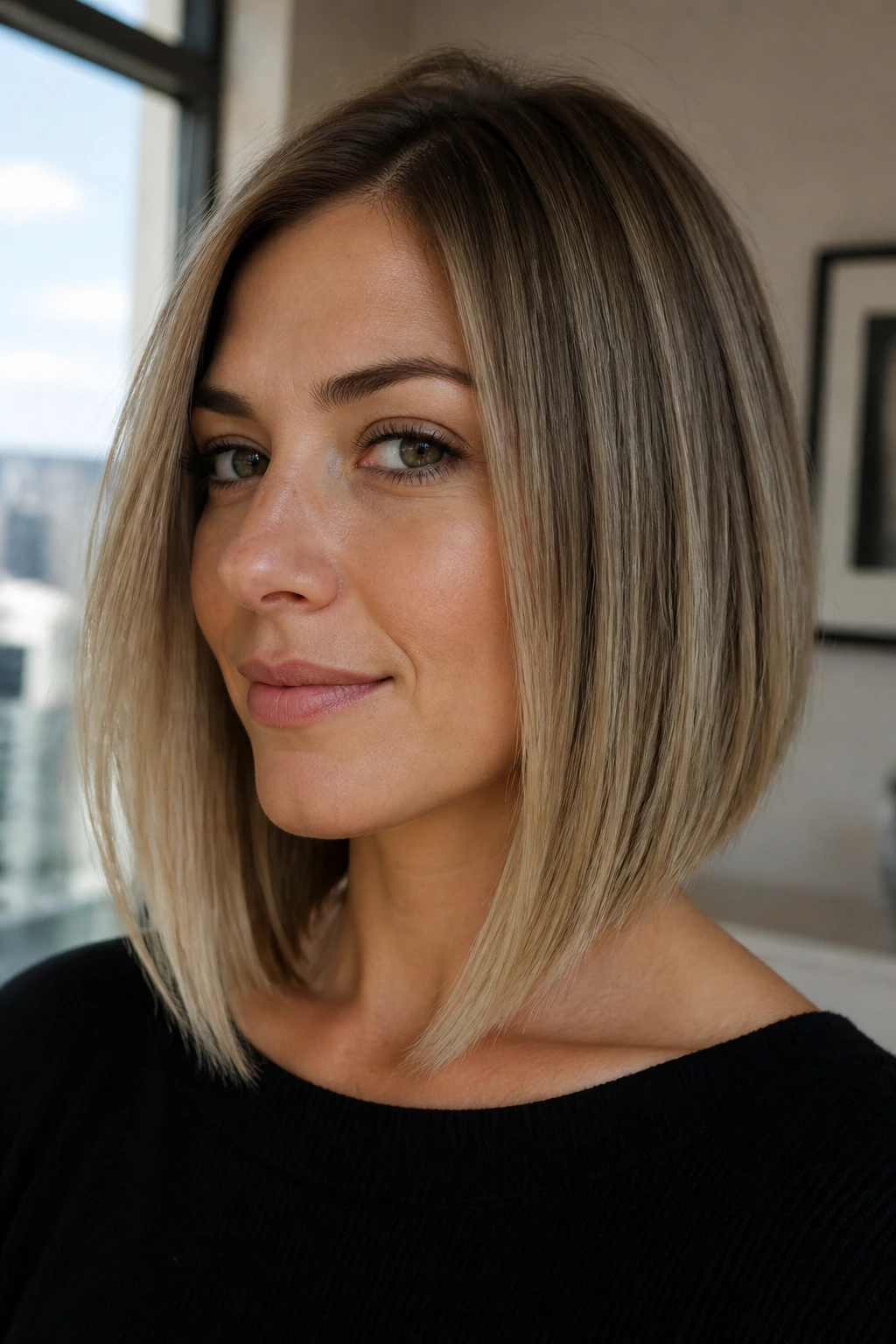 Close-up of a real person with A-line lob and subtle graduation in soft window light