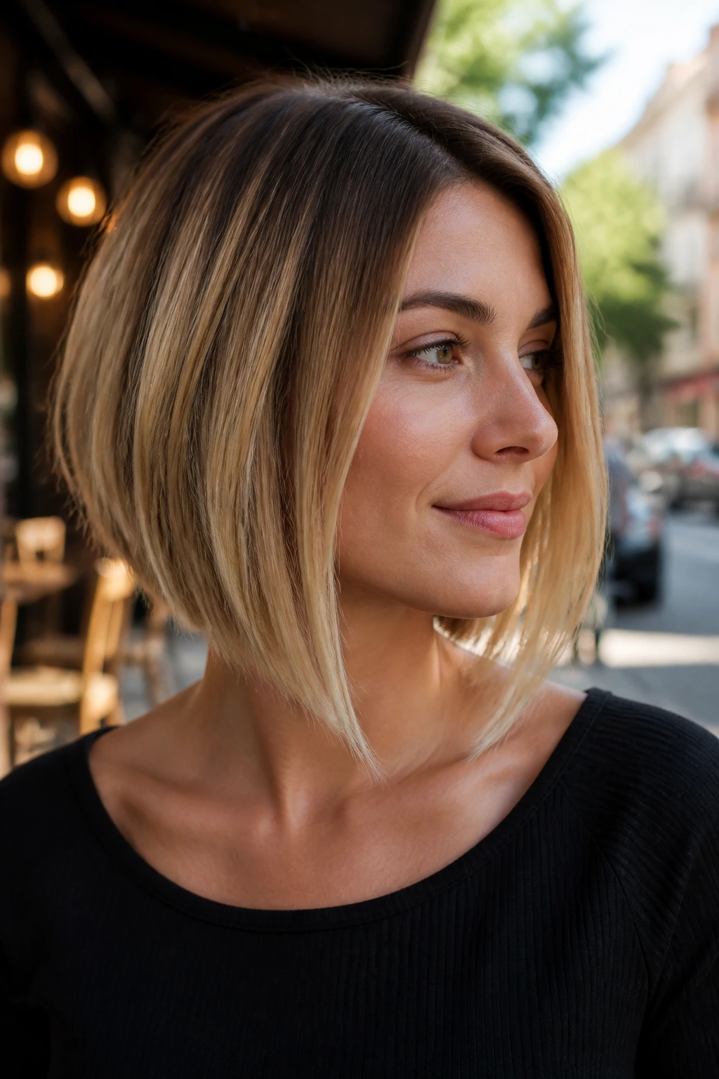 Portrait of a woman with an A-line lob showing a crisp front length and shorter back