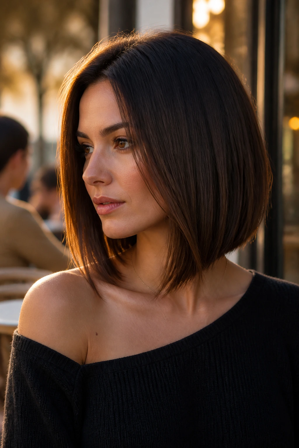 Close-up of a person with an A-line lob hairstyle