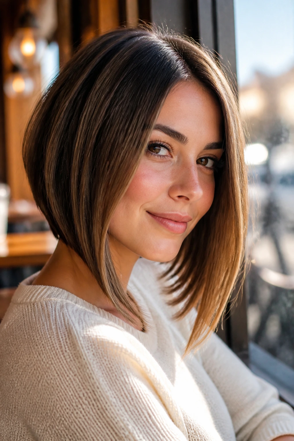 Close-up portrait of a woman with an A-line lob hairstyle in natural window light.